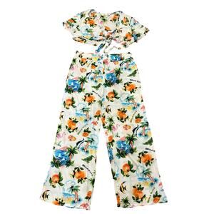 Girl Soul Tropical Print 2 piece Set XL Tie Front Crop Top Wide Leg Pants Resort